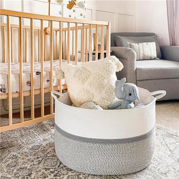 Extra Large Cotton Rope Woven Basket Decorative Clothes Hamper,22" x 22" x 14" - Picture 7 of 8